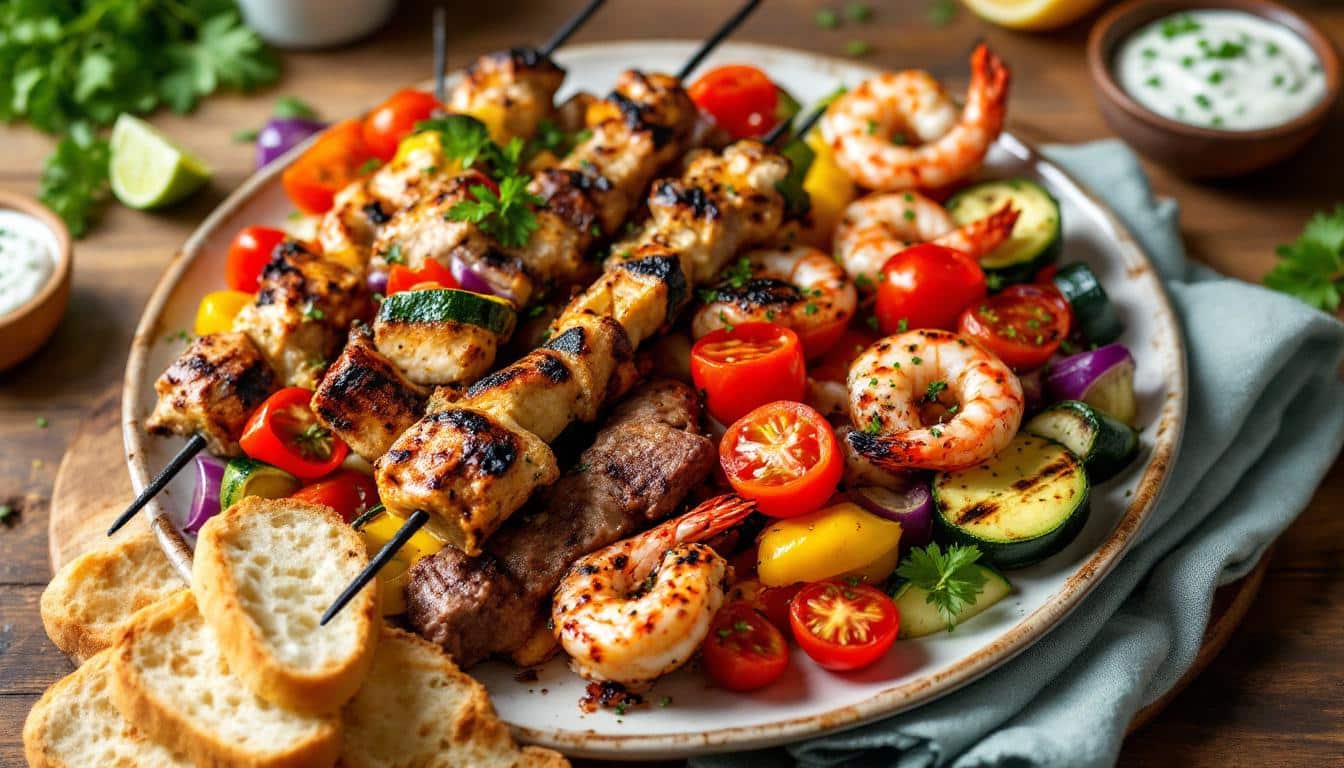 découvrez une recette gourmande de kebabs garnis de rôti de porc tendre et relevés d’une sauce moutarde à l’ancienne, pour un repas savoureux et original à partager.
