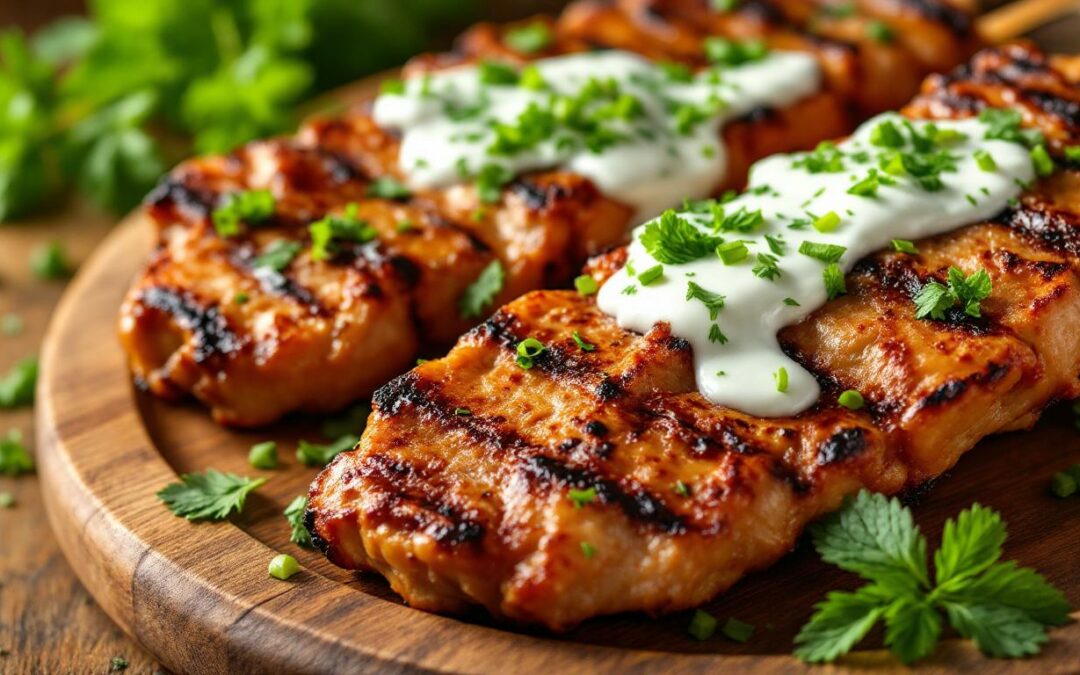 Les kebabs au yaourt nature et concombre râpé