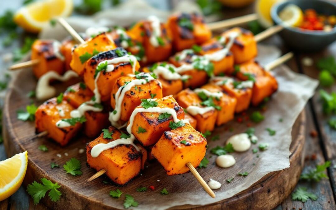 Les kebabs aux patates douces et pois chiches grillés