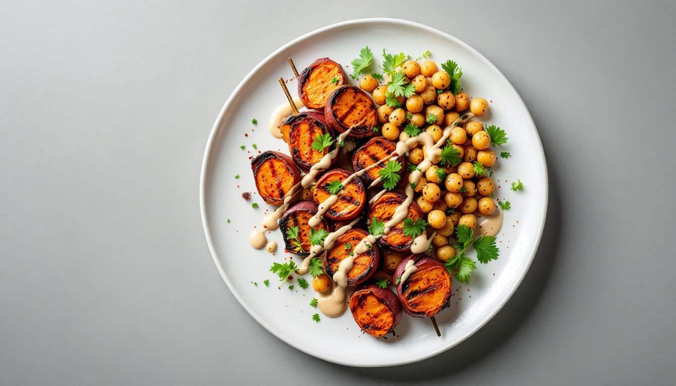 découvrez une recette originale de kebabs aux patates douces et pois chiches grillés, savoureuse, saine et idéale pour un repas végétarien plein de saveurs orientales.