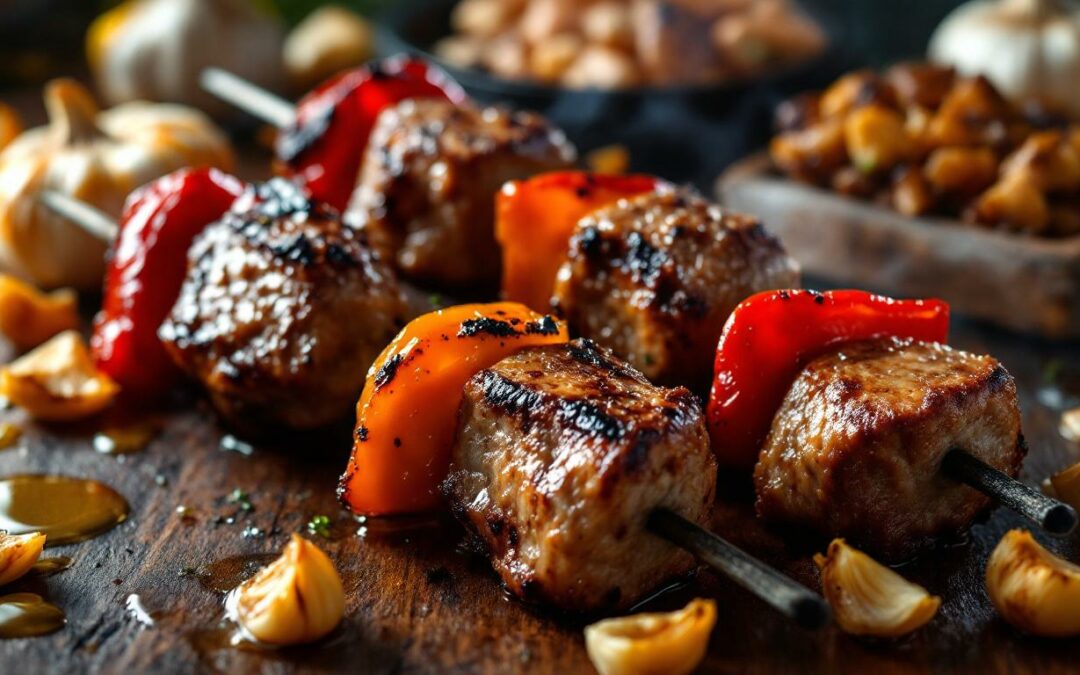Les kebabs aux poivrons confits et ail rôti