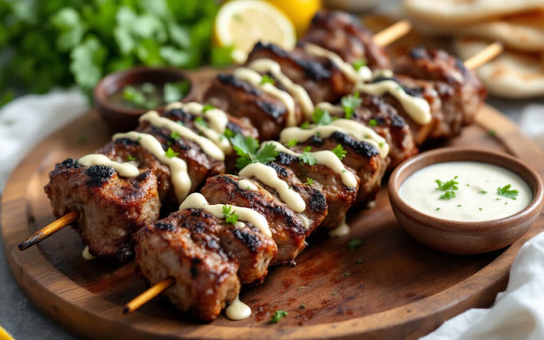 Les kebabs à l’agneau rôti et sauce à l’ail