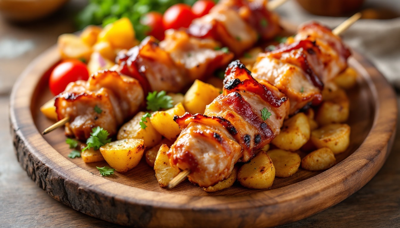 découvrez notre recette savoureuse de kebabs au bacon grillé accompagnés de délicieuses pommes de terre sautées. un plat gourmand et convivial à partager en famille ou entre amis !