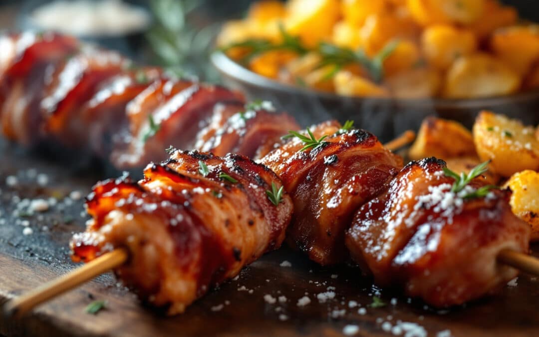 Les kebabs au bacon grillé et pommes de terre sautées