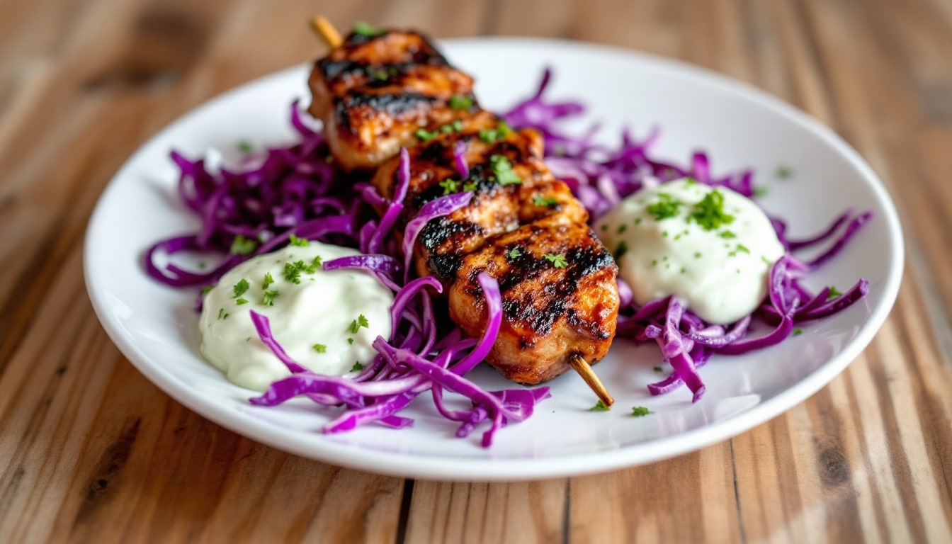 découvrez une recette savoureuse de kebabs garnis de chou rouge mariné croquant et accompagnés d’une délicieuse sauce au yaourt. un plat frais, équilibré et plein de saveurs pour régaler vos papilles !