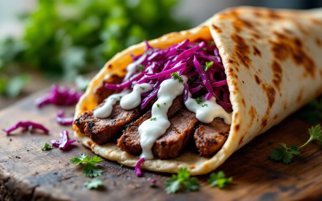 Les kebabs au chou rouge mariné et sauce au yaourt