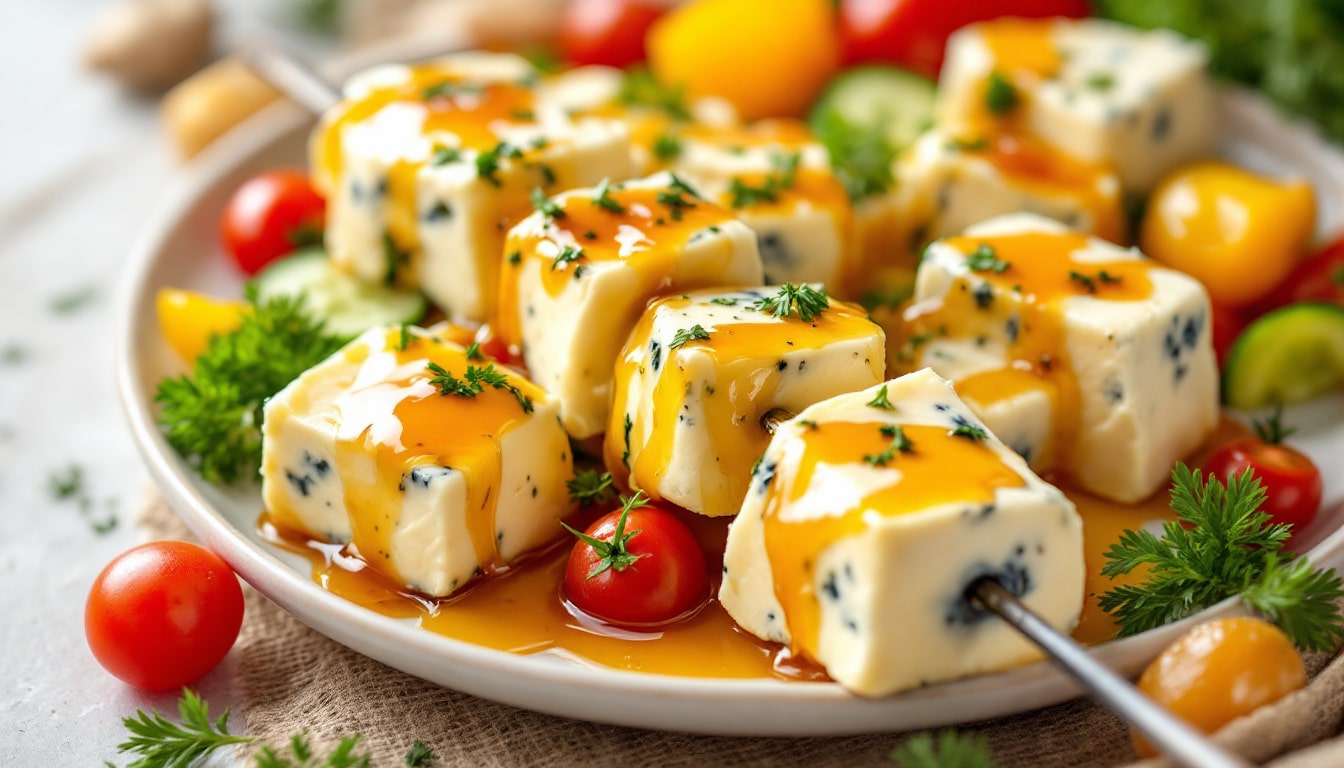 découvrez notre recette originale de kebabs au fromage bleu et miel : une alliance surprenante entre le goût puissant du fromage et la douceur du miel pour un repas gourmand et savoureux !