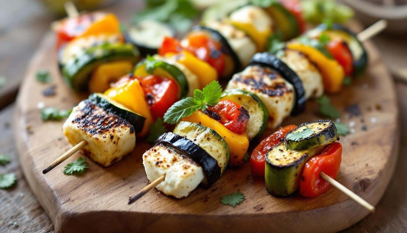 découvrez notre recette savoureuse de kebabs au fromage fondu et légumes grillés : une alliance gourmande et colorée, idéale pour un repas convivial et plein de saveurs.