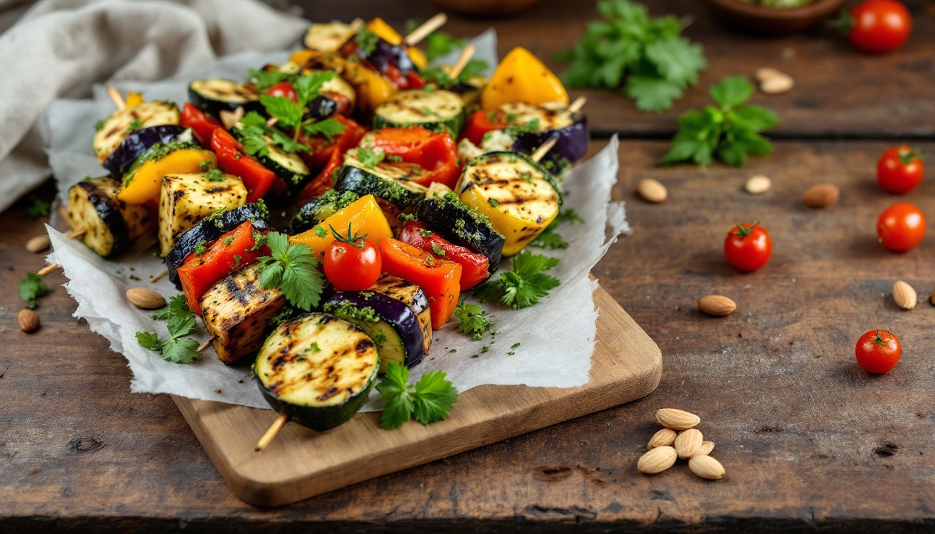 découvrez une recette originale de kebabs au pesto d’amandes et légumes croquants : un mélange savoureux et coloré, idéal pour un repas sain et gourmand. parfait pour surprendre vos convives !