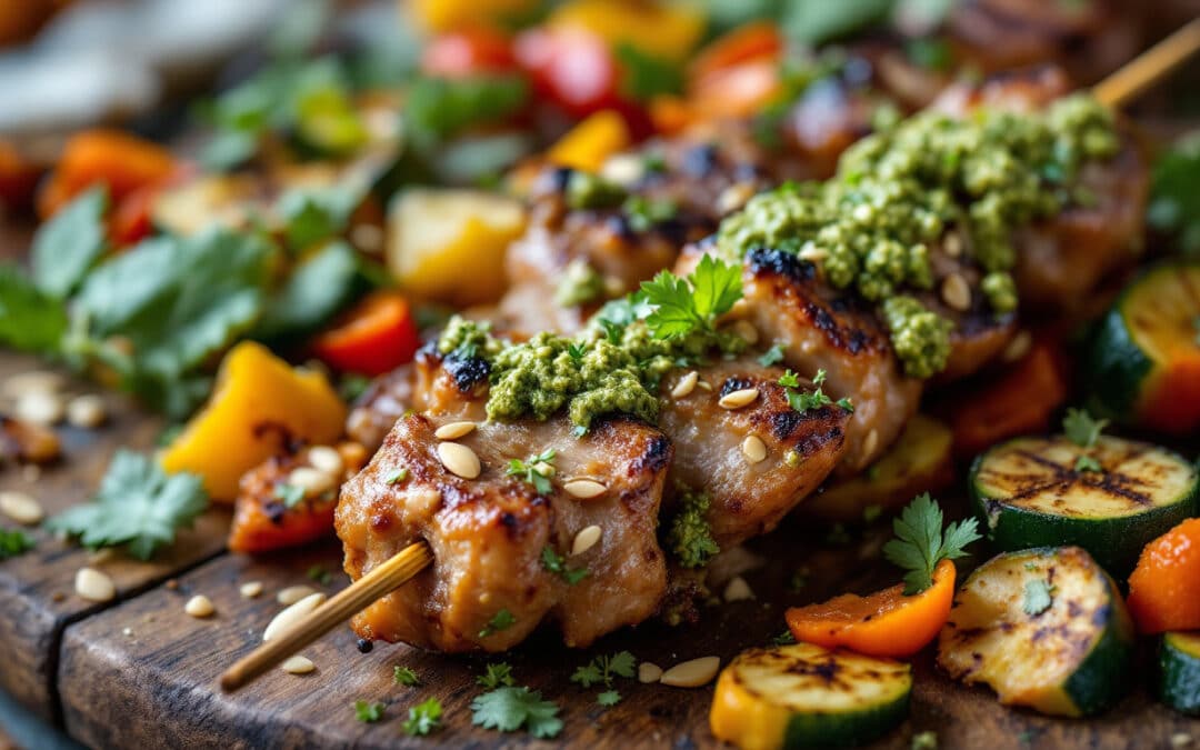 Les kebabs au pesto d’amandes et légumes croquants
