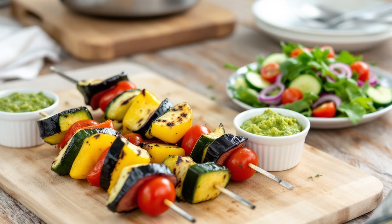 découvrez notre recette gourmande de kebabs au pesto d’amandes et légumes croquants : une alliance savoureuse de saveurs méditerranéennes, parfaite pour un repas sain et coloré. facile à préparer et pleine de fraîcheur !