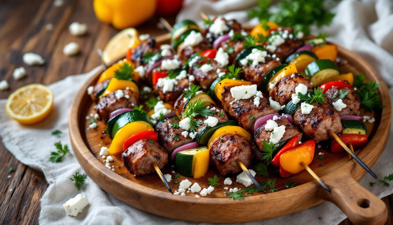 découvrez une recette savoureuse de kebabs au poivron grillé et fromage feta, alliant la douceur des légumes grillés à la fraîcheur du fromage pour un plat estival plein de saveurs.