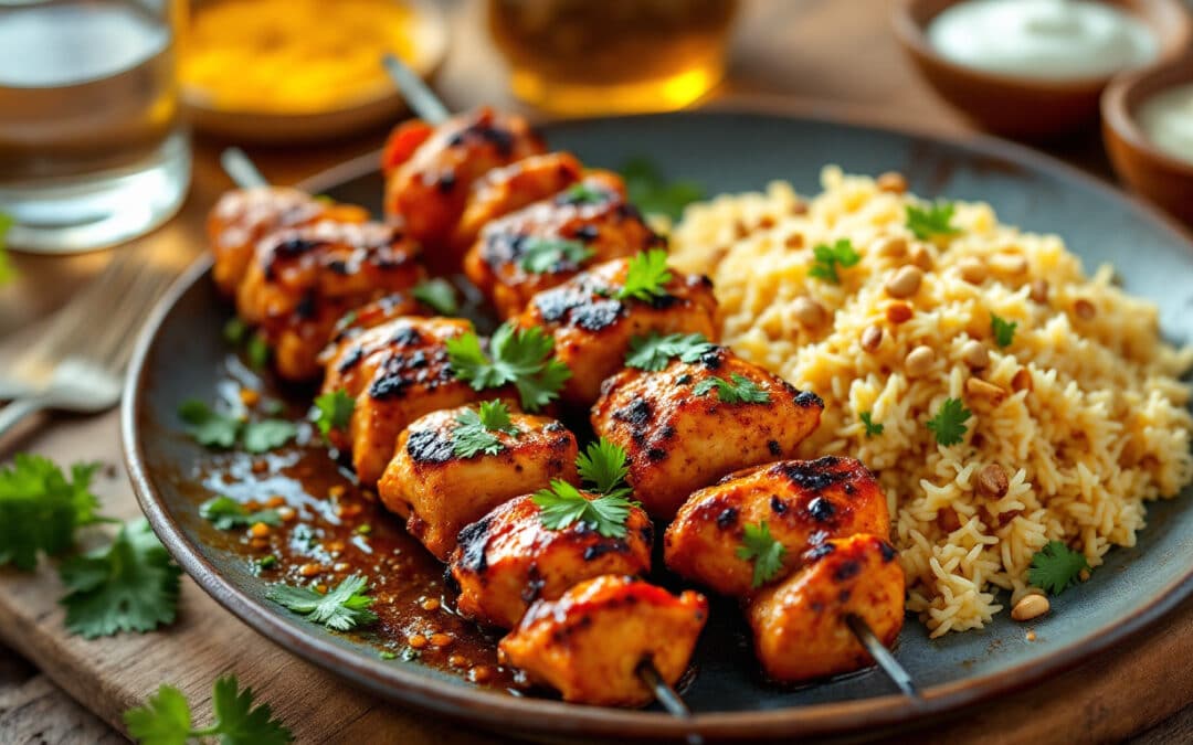 Les kebabs au poulet épicé et riz parfumé