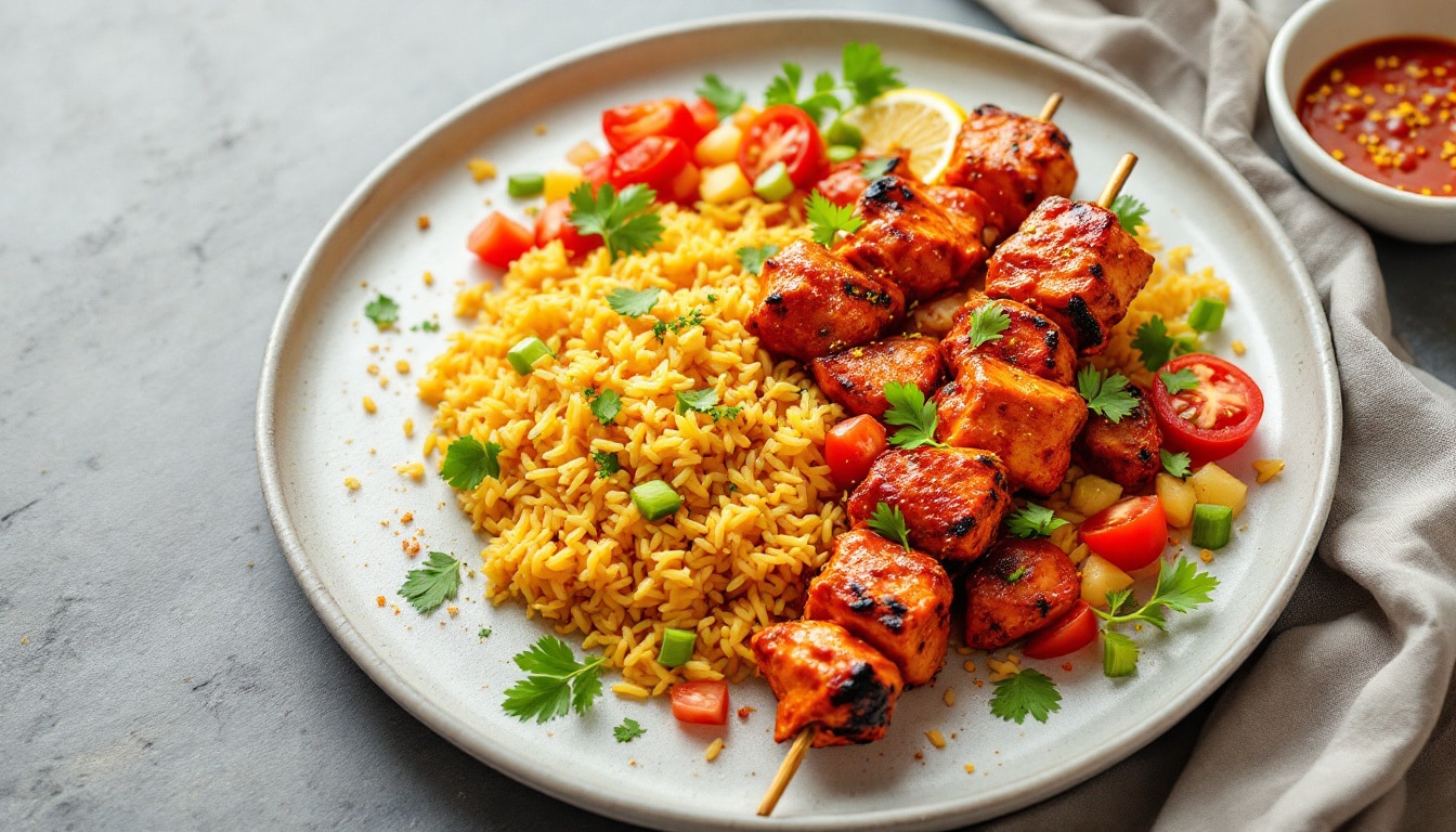 découvrez notre recette savoureuse de kebabs au poulet épicé accompagnés de riz parfumé. un voyage culinaire alliant épices et arômes pour ravir vos papilles !