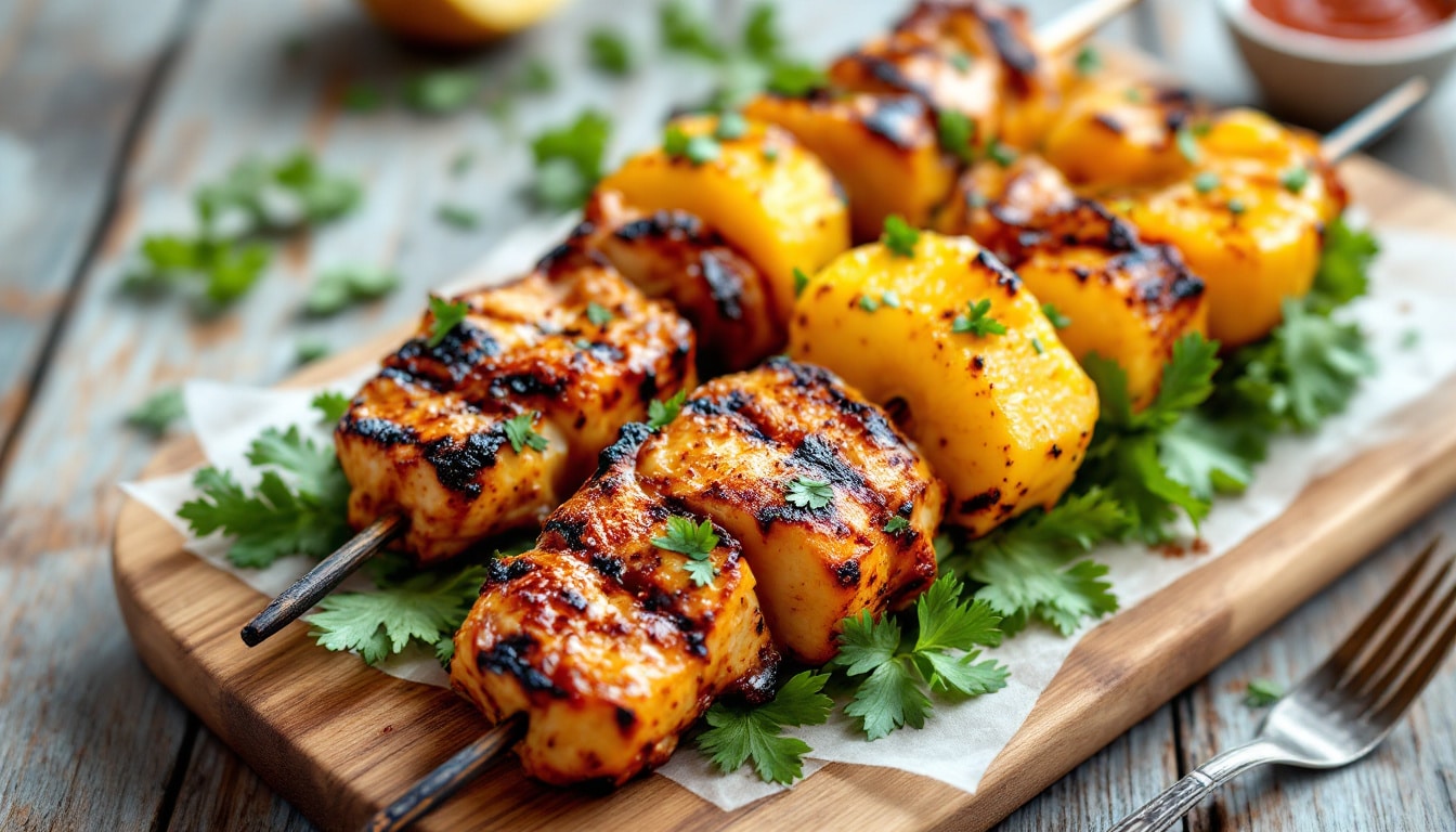 découvrez notre recette de kebabs au poulet mariné à l’ananas et aux épices douces : une alliance savoureuse de sucré-salé et de tendreté, parfaite pour égayer vos repas en toute simplicité.