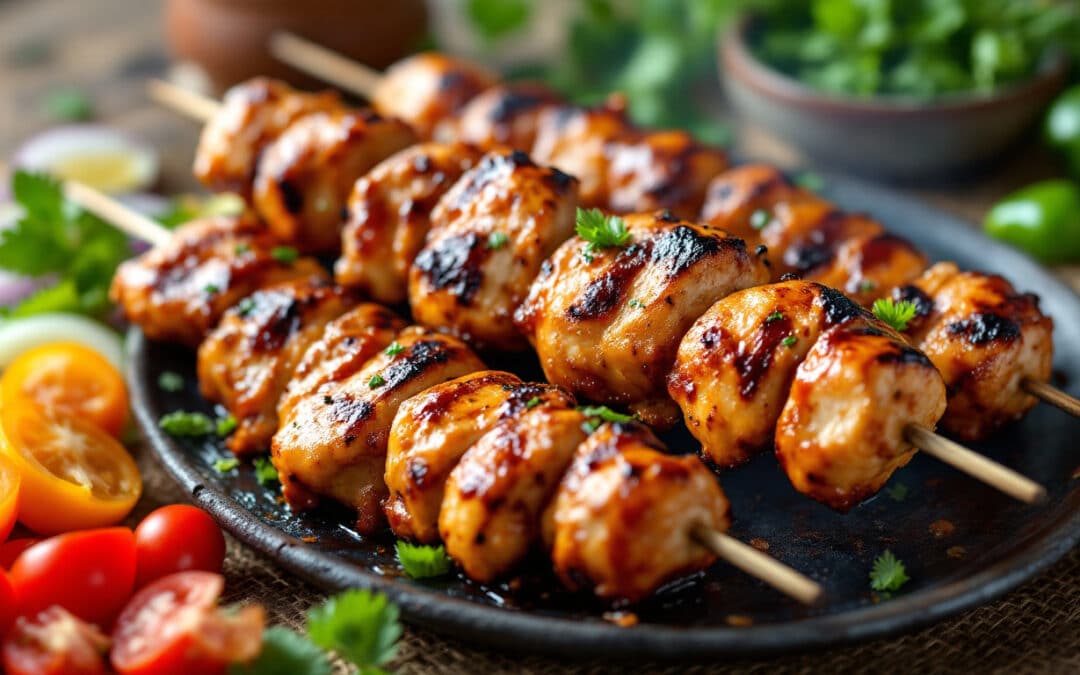Les kebabs au poulet mariné et sauce barbecue