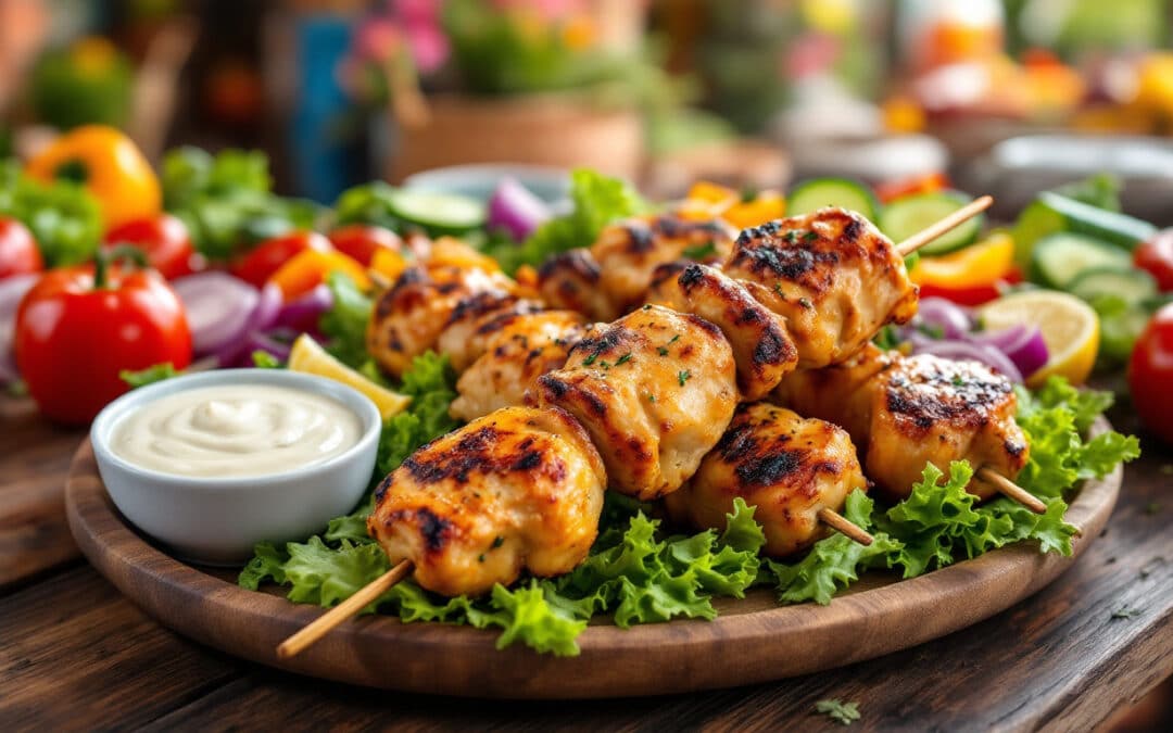 Les kebabs au poulet rôti et légumes frais