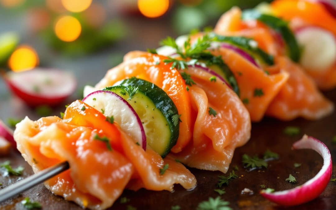 Les kebabs au saumon fumé et légumes croquants