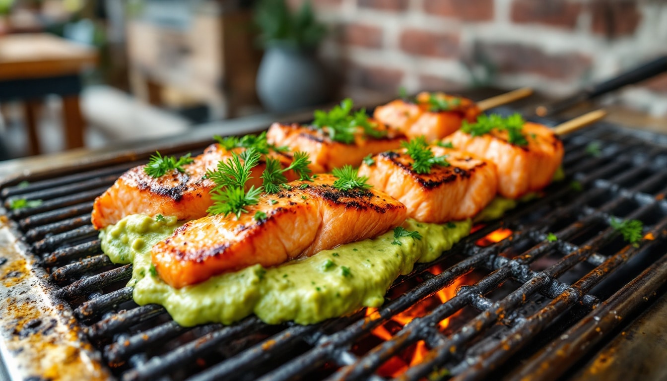 découvrez une recette originale de kebabs au saumon mariné accompagnés d'une savoureuse purée d’avocat. parfait pour un repas frais, sain et gourmand !