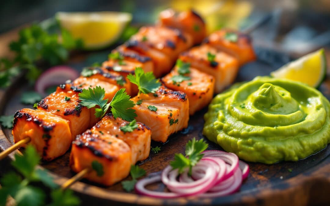 Les kebabs au saumon mariné et purée d’avocat