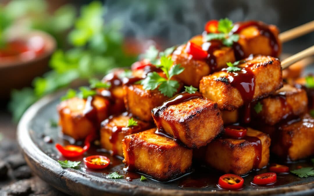 Les kebabs au tofu croustillant et sauce soja
