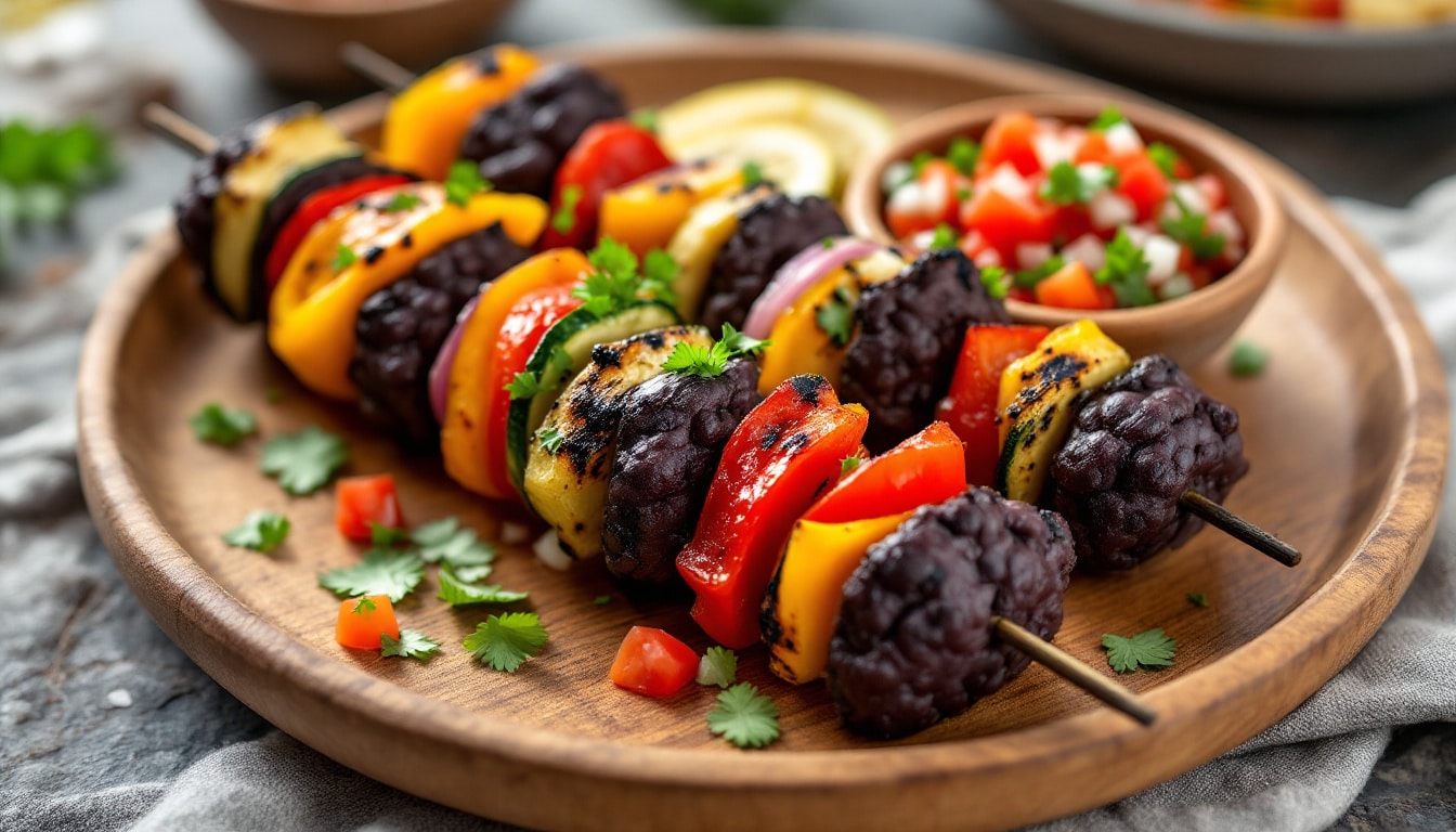 savourez des kebabs aux haricots noirs accompagnés d'une salsa de tomates fraîche et relevée. une recette végétarienne saine et gourmande, idéale pour un repas original et coloré.