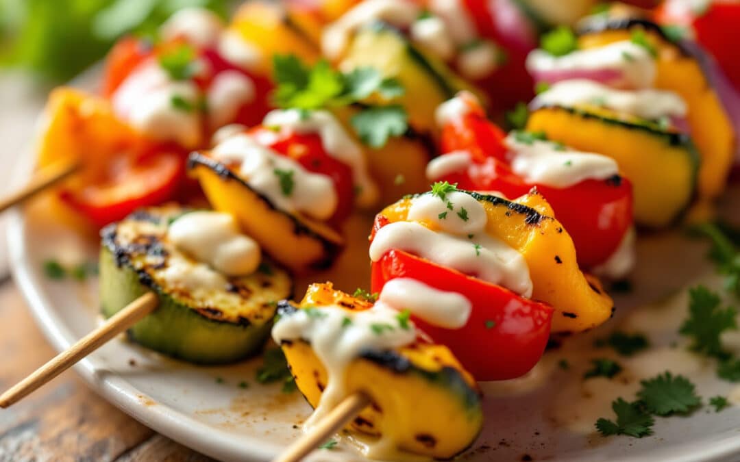 Les kebabs aux légumes rôtis et sauce crémeuse
