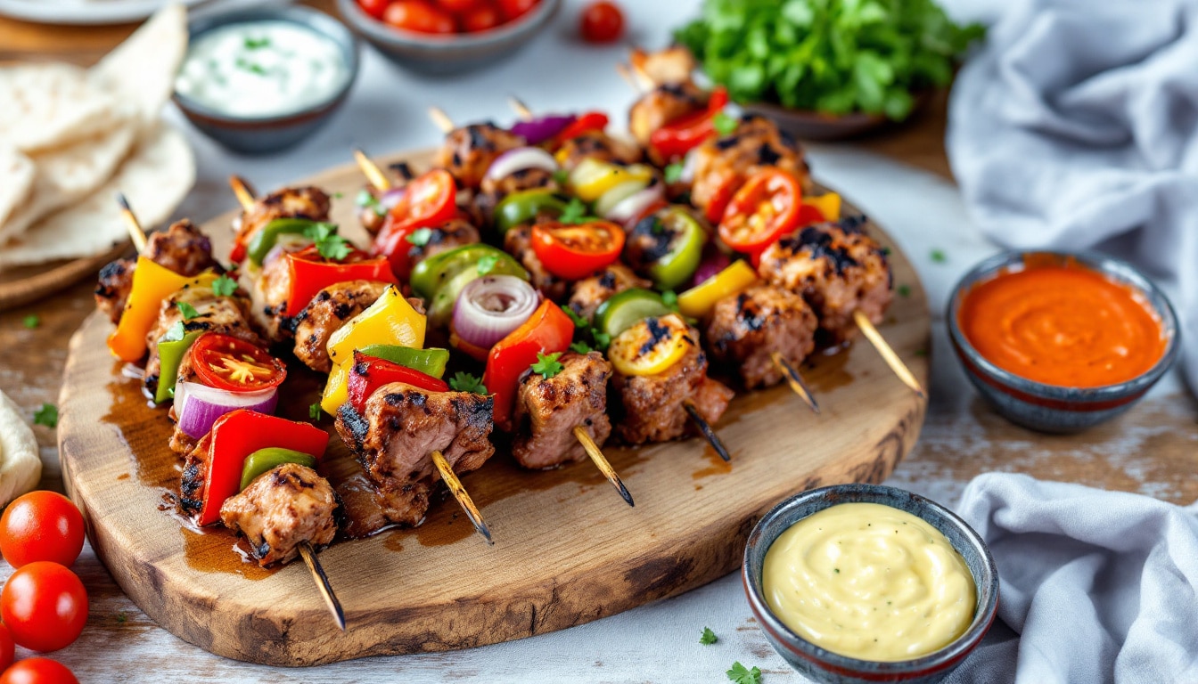 découvrez une recette savoureuse de kebabs aux légumes rôtis accompagnés d'une sauce crémeuse. parfait pour un repas gourmand, coloré et végétarien, à partager en famille ou entre amis !