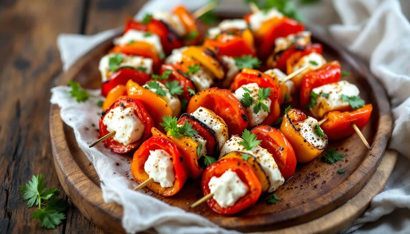 découvrez une recette gourmande de kebabs aux poivrons rouges rôtis et fromage de chèvre, idéale pour un repas savoureux et original. parfait pour surprendre vos invités avec des saveurs méditerranéennes !