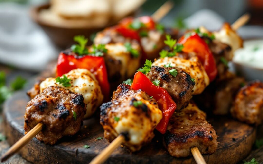 Les kebabs aux poivrons rouges rôtis et fromage de chèvre