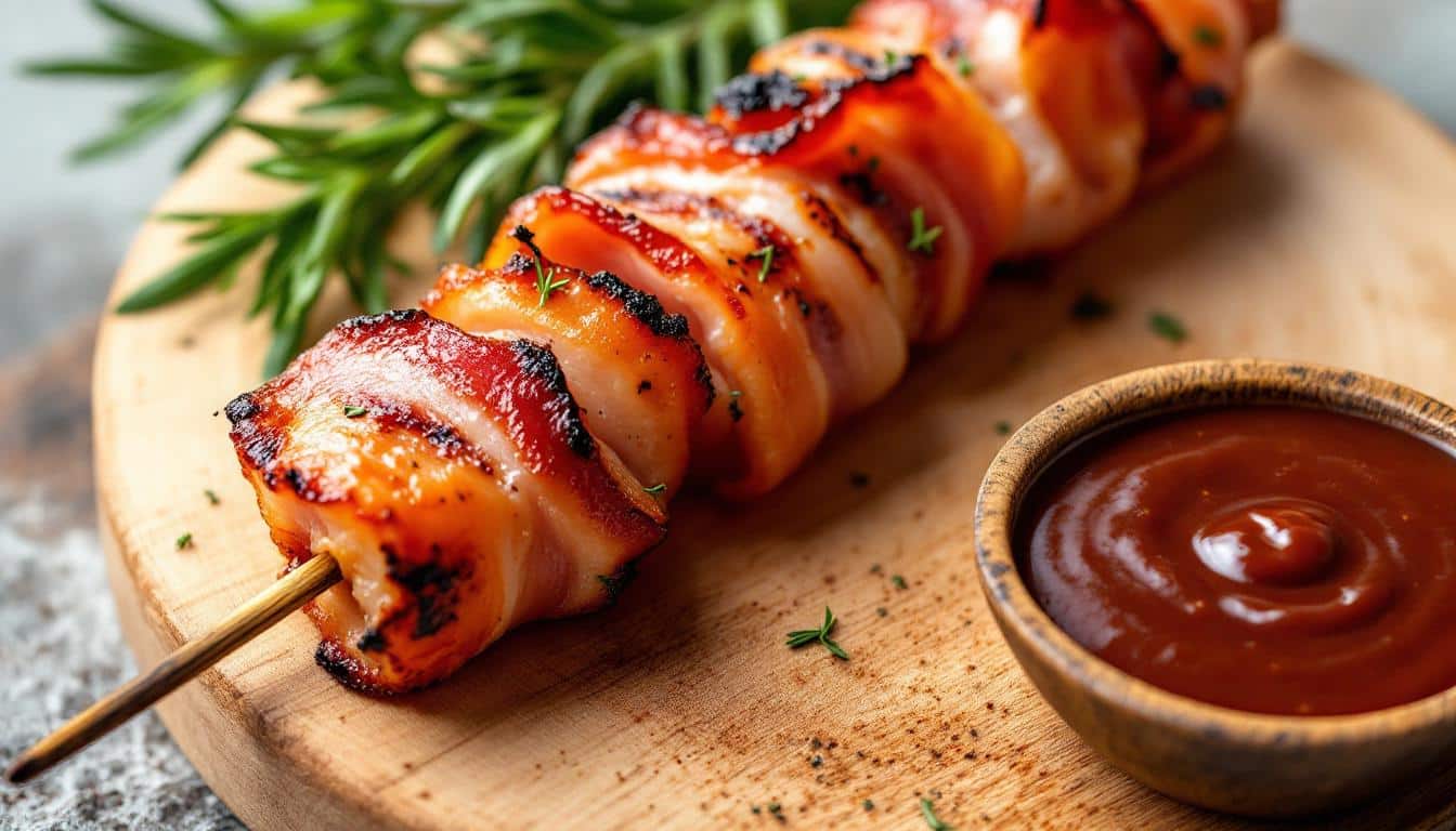 découvrez nos kebabs au bacon grillé, sublimés par des herbes fraîches pour une explosion de saveurs. idéal pour un repas gourmand et original !