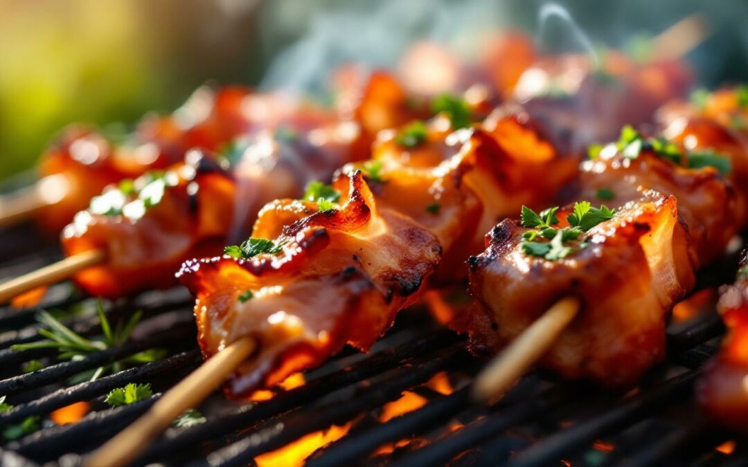 Les kebabs au bacon grillé et herbes fraîches