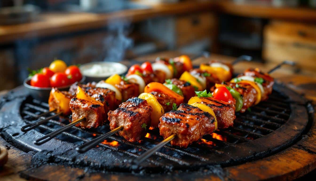découvrez des kebabs au bœuf épicé accompagnés de légumes croquants, pour un repas savoureux et plein de fraîcheur qui ravira vos papilles.