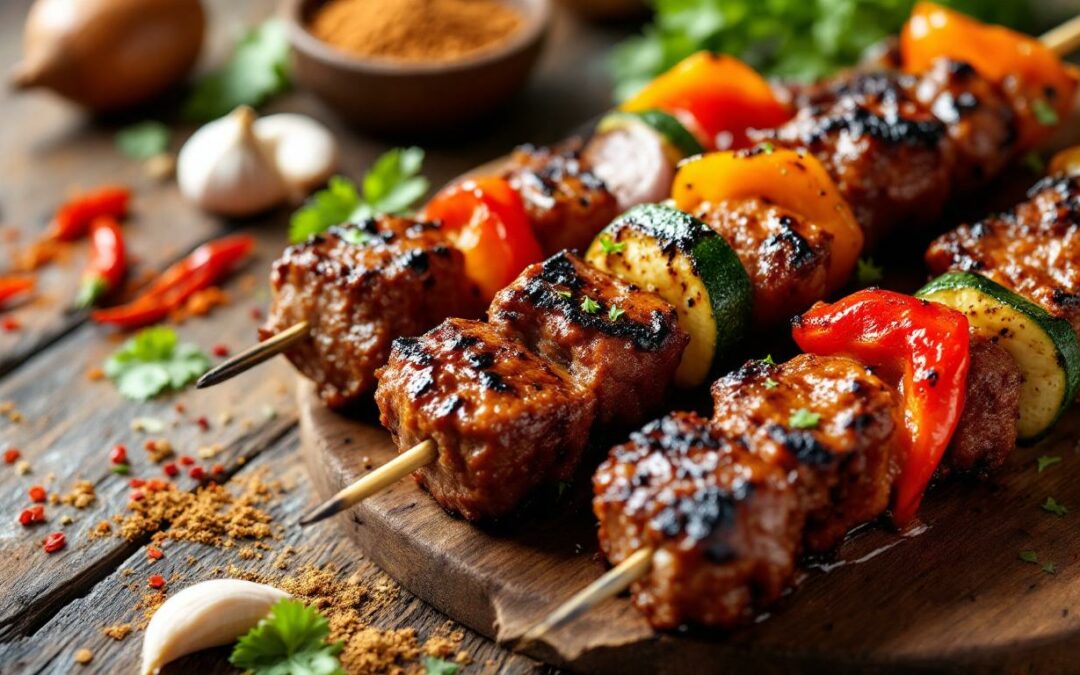 Les kebabs au bœuf épicé et légumes croquants