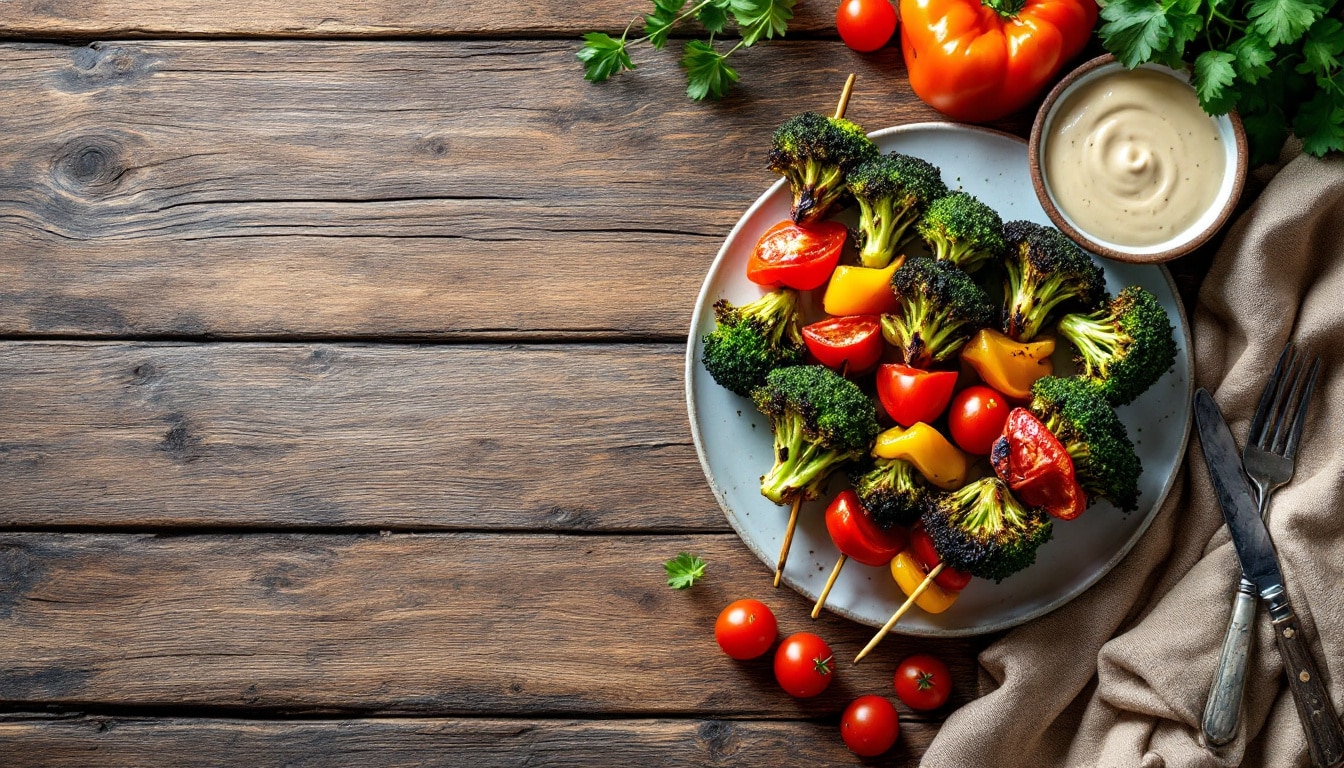 découvrez une recette originale de kebabs au brocoli rôti, sublimés par une délicieuse sauce tahini. parfait pour un repas sain, gourmand et plein de saveurs végétariennes !