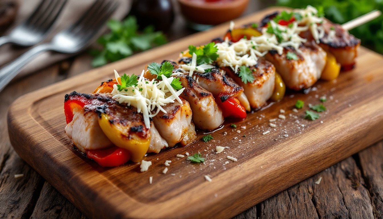 découvrez notre recette de kebabs savoureux, garnis de fromage râpé fondant et de poivrons marinés délicieusement parfumés. une idée originale et gourmande pour égayer vos repas !