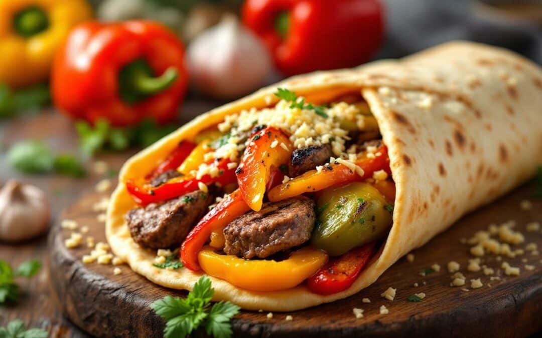 Les kebabs au fromage râpé et poivrons marinés