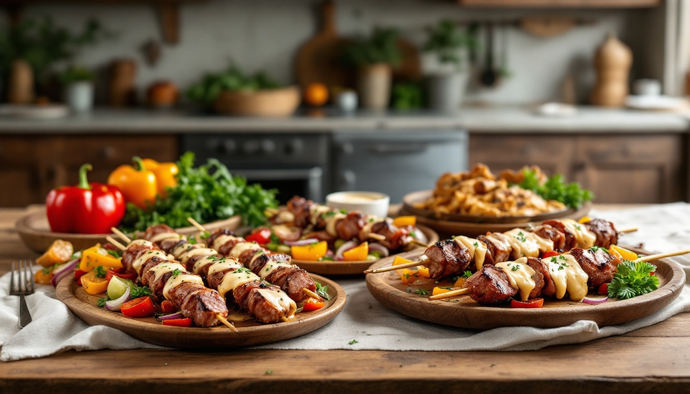 découvrez notre recette savoureuse de kebabs au fromage râpé et poivrons marinés : une alliance parfaite de tendresse, de fondant et de saveurs colorées, idéale pour régaler vos convives lors de vos repas estivaux.