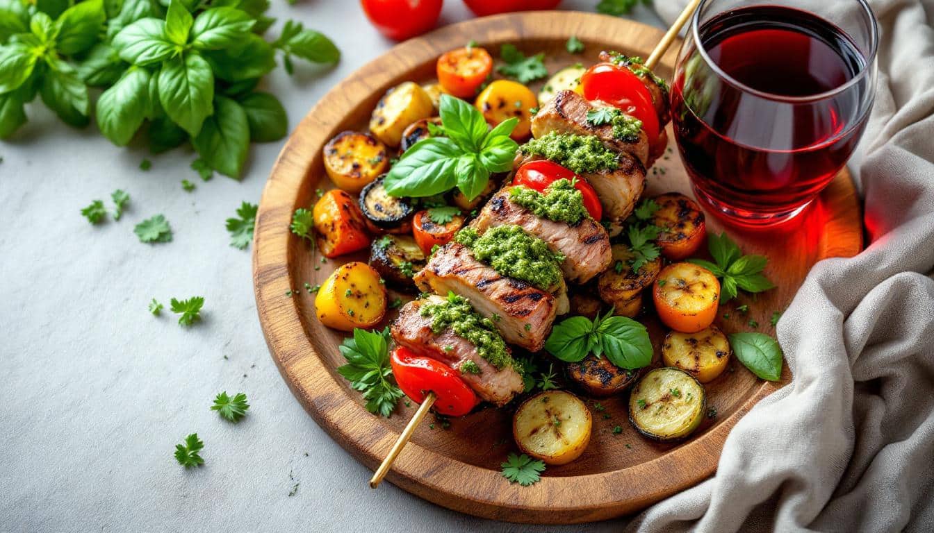 découvrez notre recette savoureuse de kebabs au pesto de basilic et légumes rôtis : une fusion gourmande de saveurs méditerranéennes, idéale pour des repas sains et colorés.