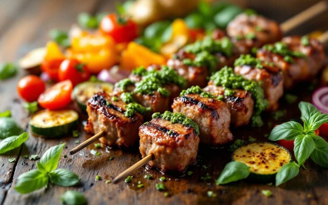 Les kebabs au pesto de basilic et légumes rôtis