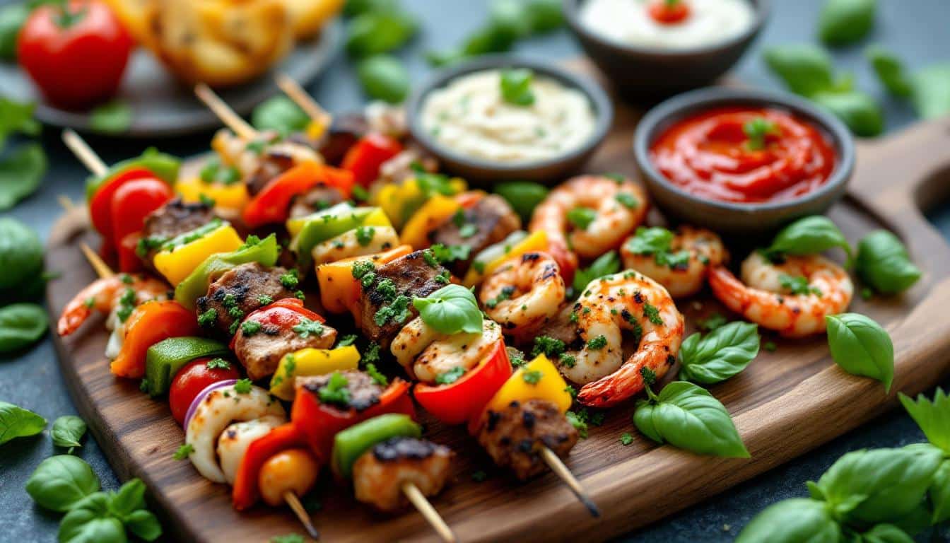 découvrez une recette savoureuse de kebabs au pesto de basilic et légumes rôtis : une alliance gourmande de saveurs méditerranéennes, idéale pour un repas sain, coloré et facile à préparer.