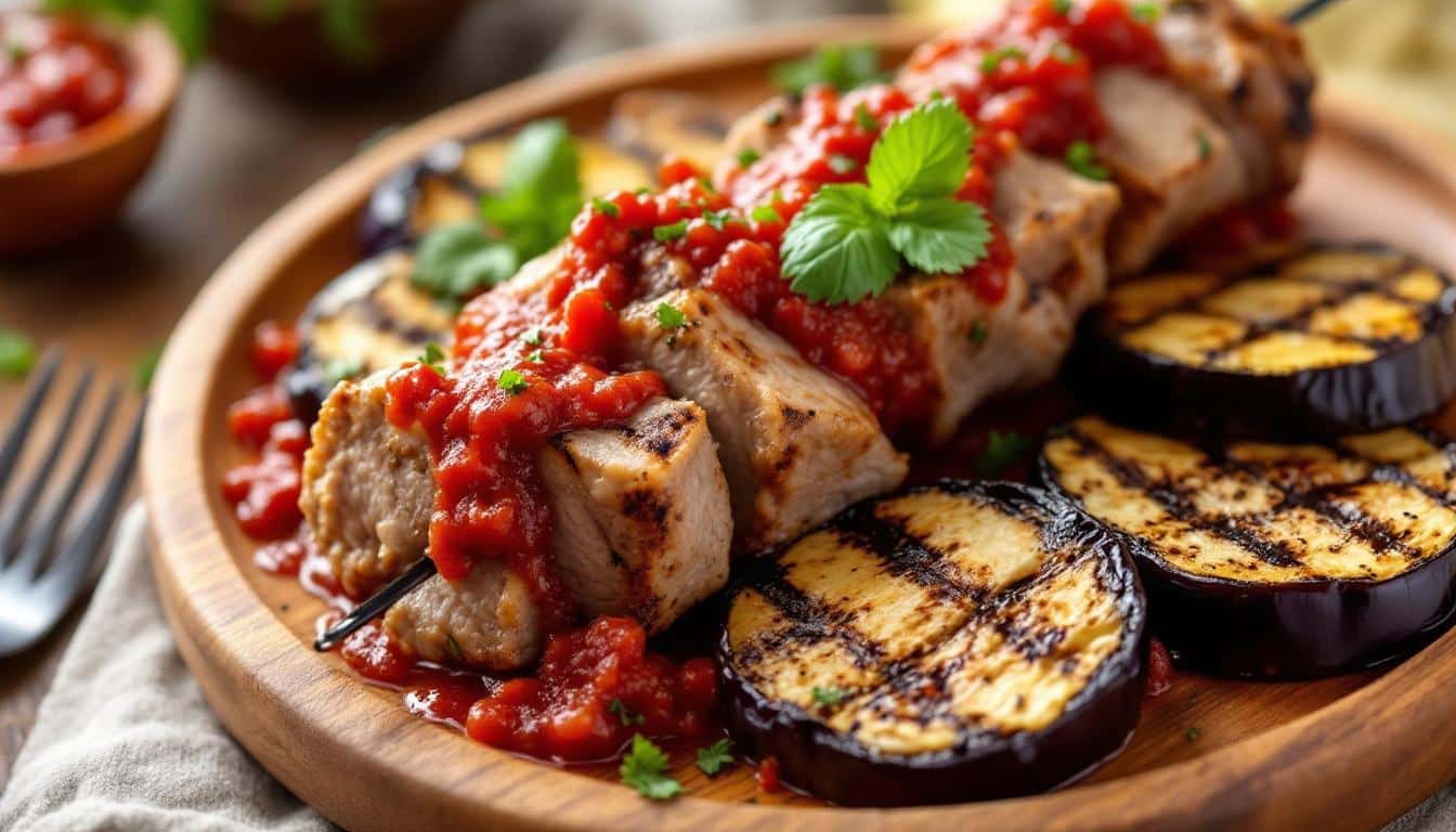 découvrez notre recette savoureuse de kebabs au pesto rouge et aubergines grillées : une combinaison originale et gourmande pour régaler vos papilles cet été. parfaite pour un repas convivial et plein de saveurs méditerranéennes !