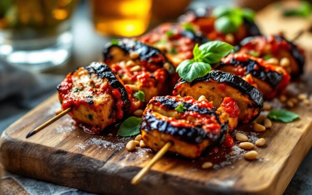 Les kebabs au pesto rouge et aubergines grillées
