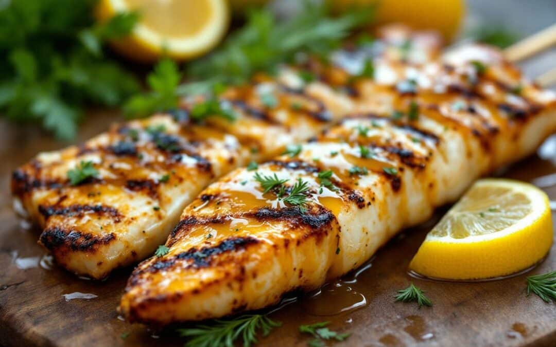 Les kebabs au poisson mariné et sauce citron-miel