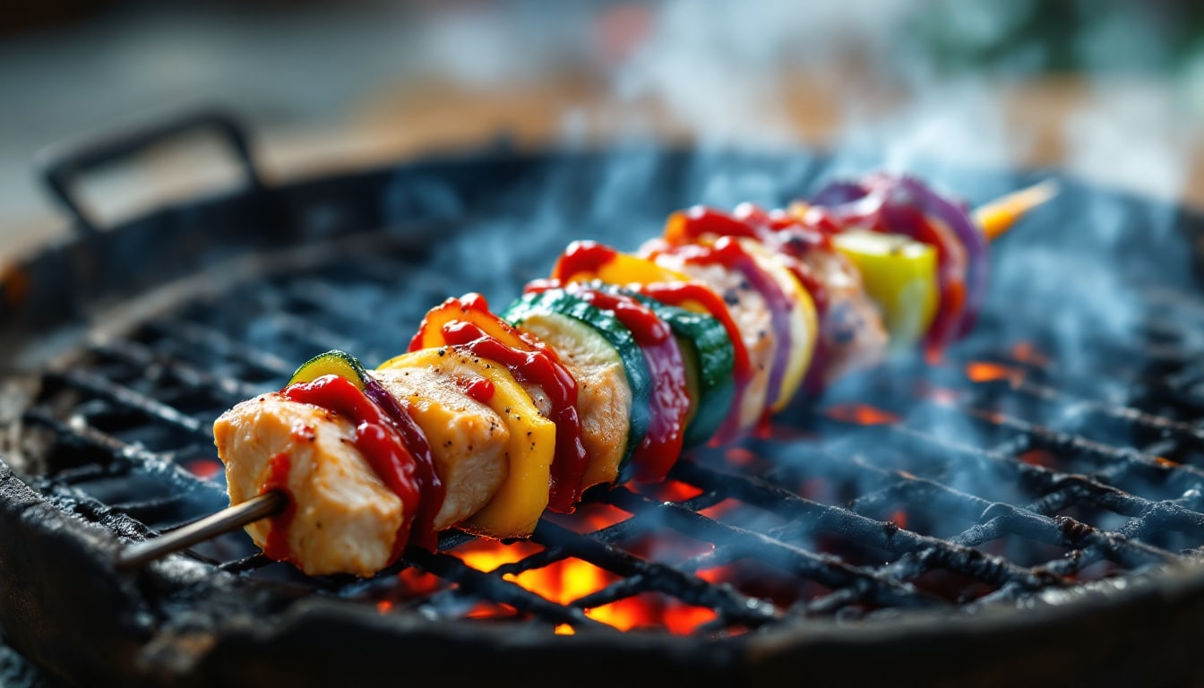 découvrez notre recette de kebabs au poulet fumé, accompagnés d'une délicieuse sauce au poivre : une alliance savoureuse de saveurs grillées et d'épices pour un repas gourmand et original.