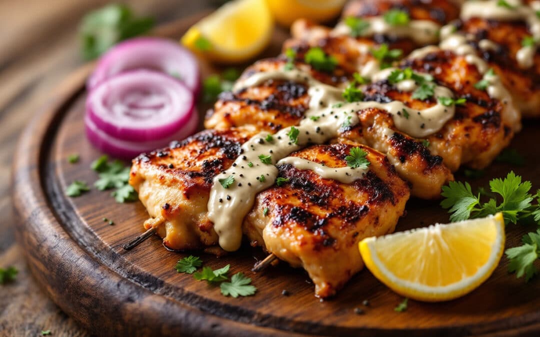 Les kebabs au poulet fumé et sauce au poivre