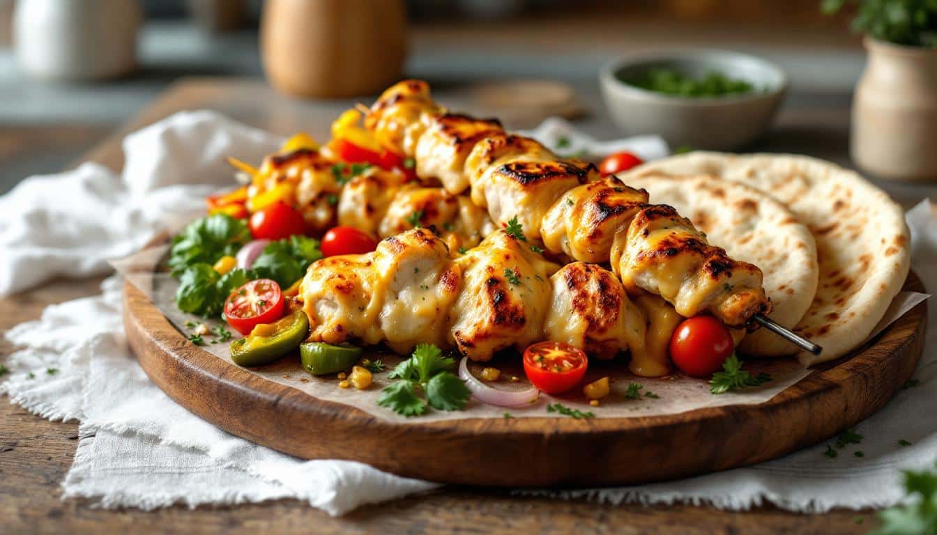 découvrez nos délicieux kebabs garnis de poulet rôti tendre et de fromage fondu, pour une expérience savoureuse et gourmande à chaque bouchée. parfaits pour un repas rapide et généreux !