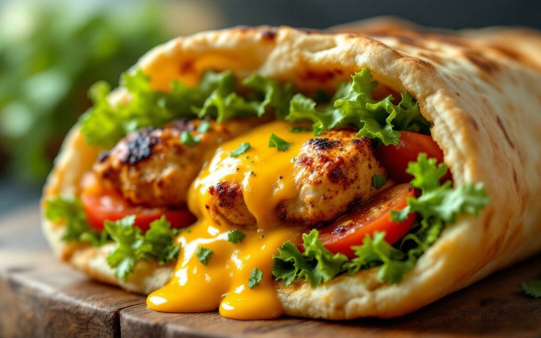 Les kebabs au poulet rôti et fromage fondu