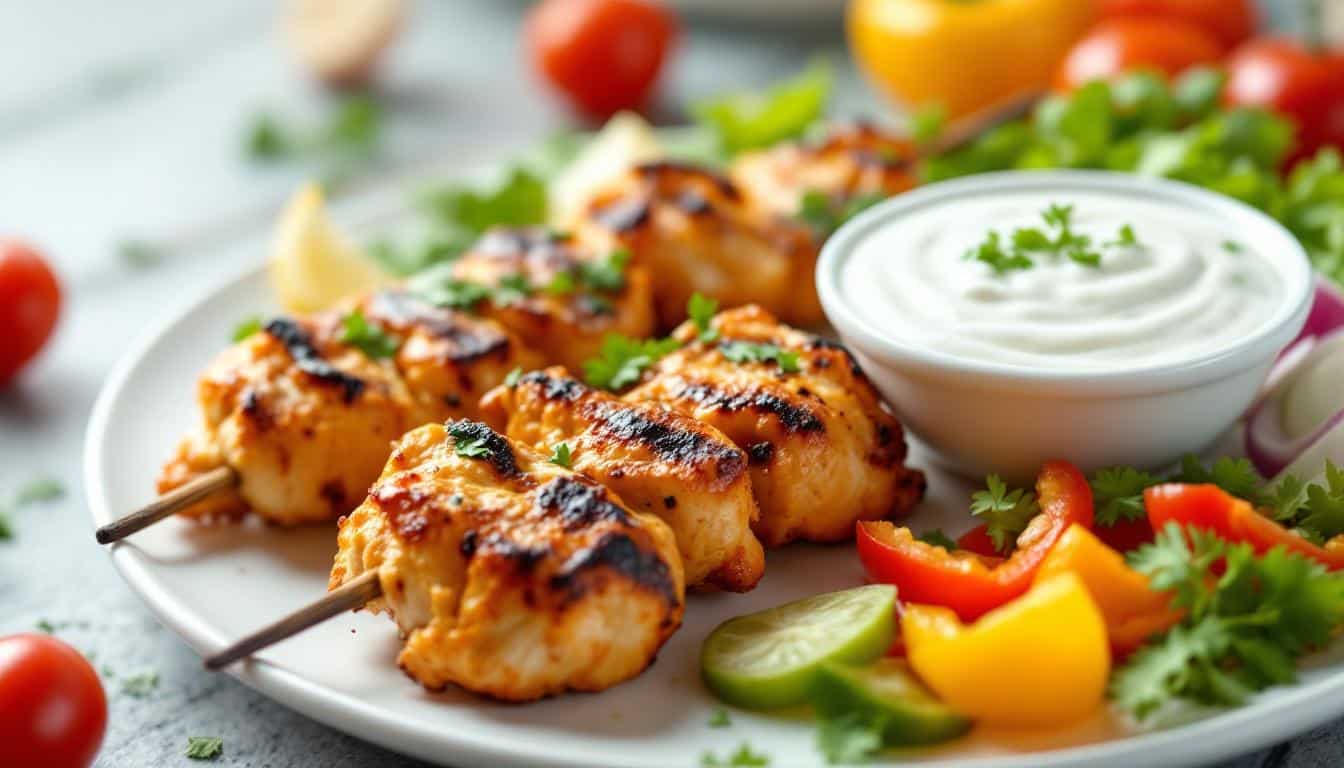 découvrez la recette savoureuse des kebabs au poulet tikka accompagnés d'une délicieuse sauce yaourt maison. parfait pour un repas convivial, gourmand et plein de saveurs indiennes.