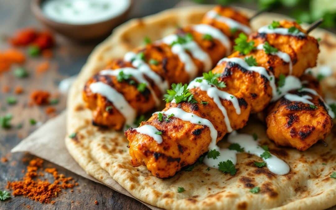 Les kebabs au poulet tikka et sauce yaourt